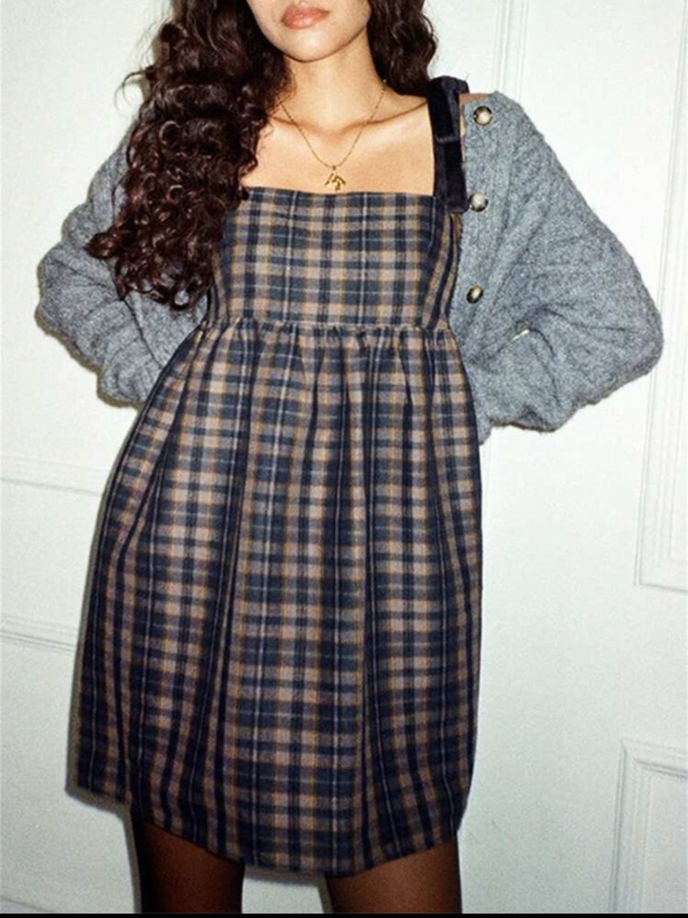 SHEIN Black Tie-Shoulder Plaid Dress in Navy and Brown